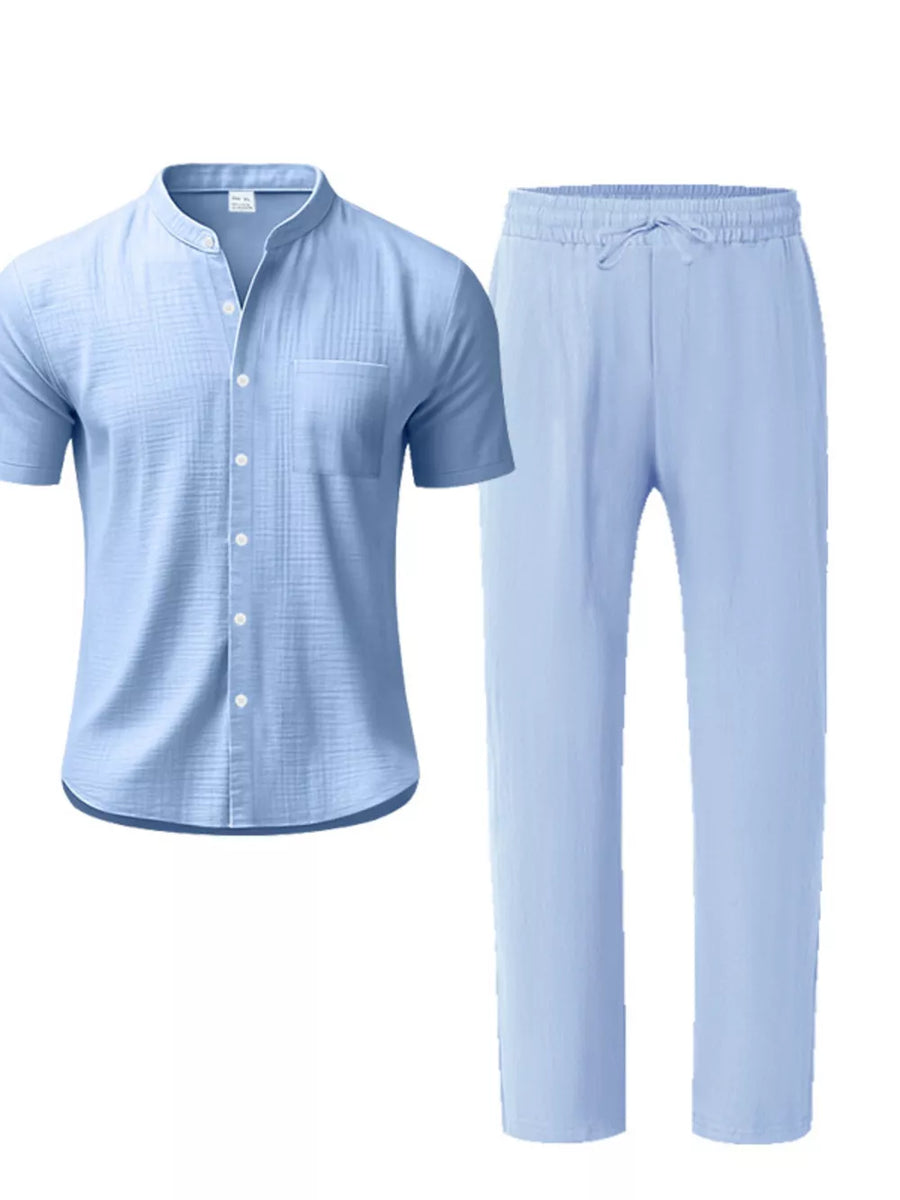 Men's Casual Button-up Short Sleeve Shirt And Pants Set in Light Blue