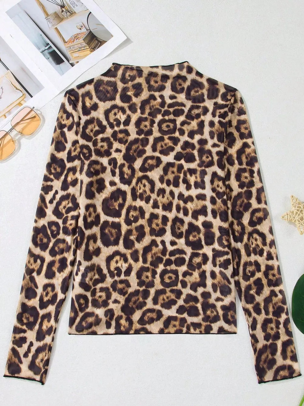 Printed Mesh Long Sleeve Slim Fit Top in black