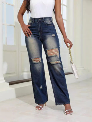 wide-leg jeans in dark wash denim with distressed and full-length
