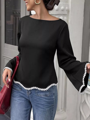 Black with Contrast Trim Flare Sleeve Blouse