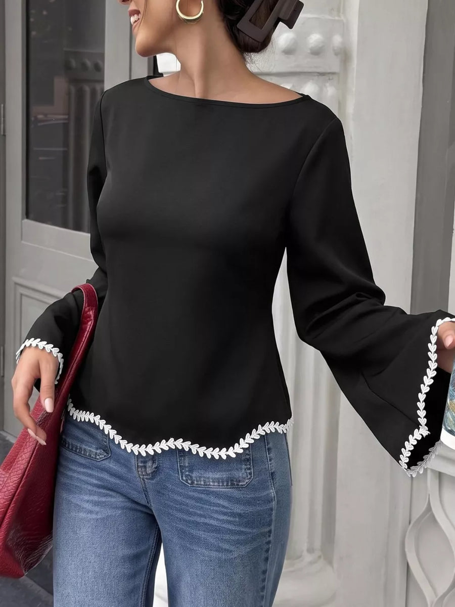 Black with Contrast Trim Flare Sleeve Blouse