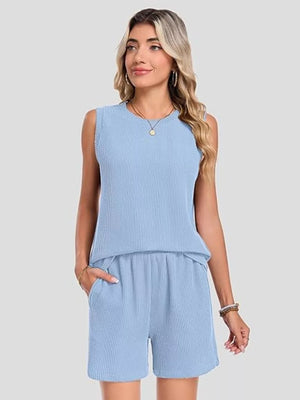 Air Force Blue ribbed knit set with sleeveless top and pocketed shorts.
