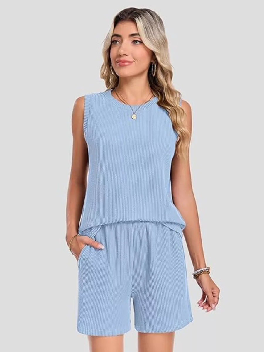 Air Force Blue ribbed knit set with sleeveless top and pocketed shorts.