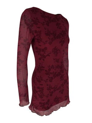 Burgundy floral mesh bodycon mini dress with long sleeves and lettuce hem.