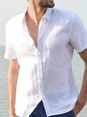 White linen resort shirt, relaxed fit, short sleeves, open collar, button front