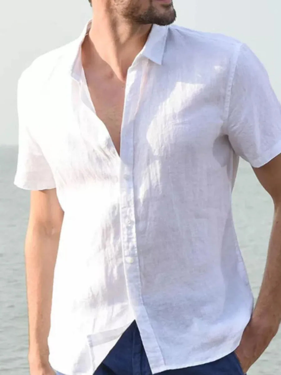 White linen resort shirt, relaxed fit, short sleeves, open collar, button front