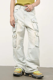 Light wash denim wide-leg cargo pants with multiple pleated pockets.