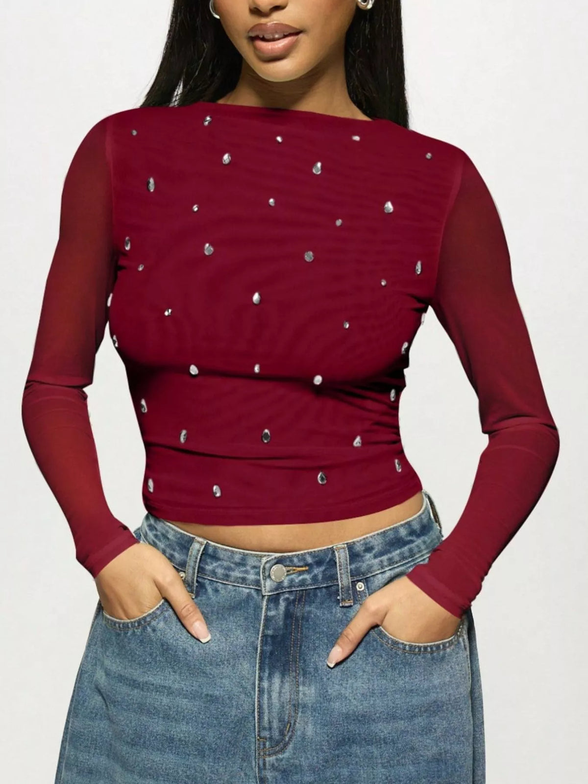Burgundy mesh long-sleeve t-shirt with scattered rhinestones.