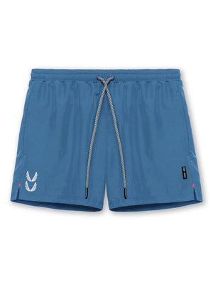 Performance drawcord sport shorts in Sky Blue with white logo detail and black drawstring.