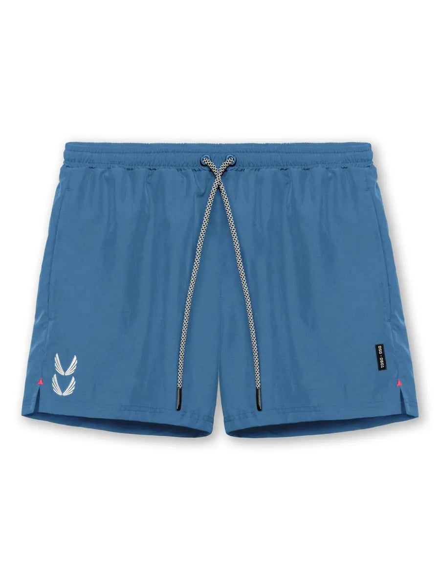 Performance drawcord sport shorts in Sky Blue with white logo detail and black drawstring.