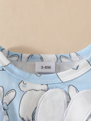 Sky blue baby dress with bunny applique and print, round neck.