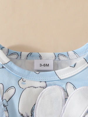 Sky blue baby dress with bunny applique and print, round neck.