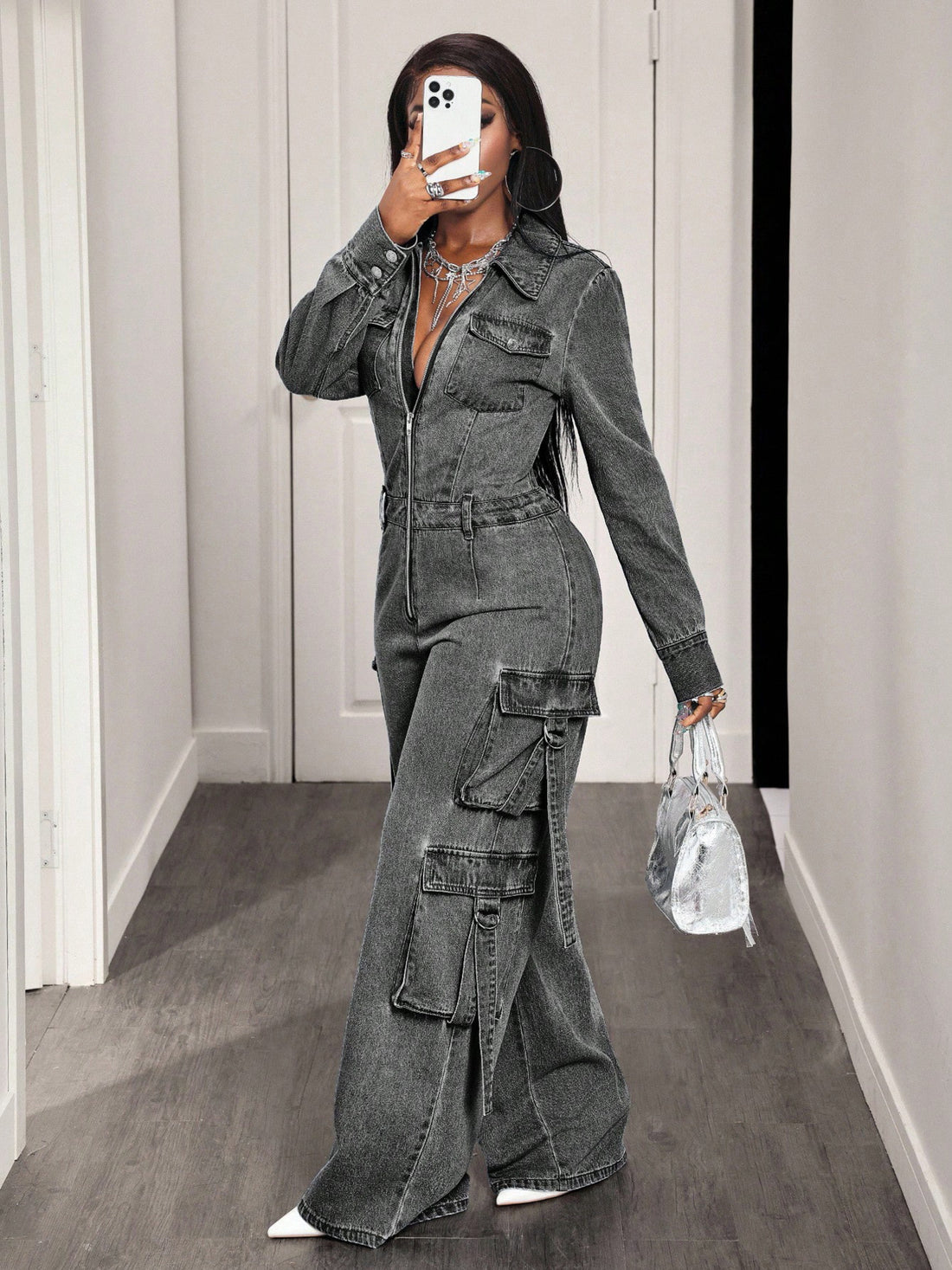 Zip Front Wide Leg Cargo Denim Jumpsuit option 7