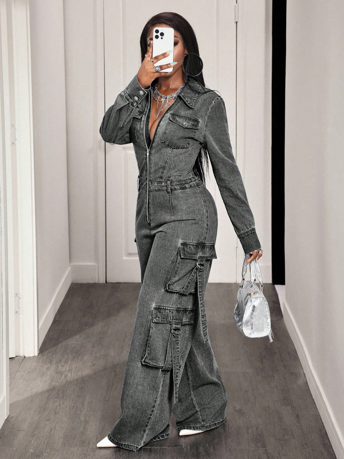 Zip Front Wide Leg Cargo Denim Jumpsuit option 7