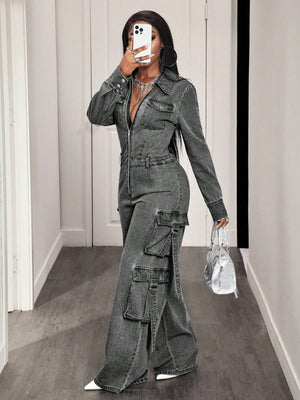 Zip Front Wide Leg Cargo Denim Jumpsuit option 7