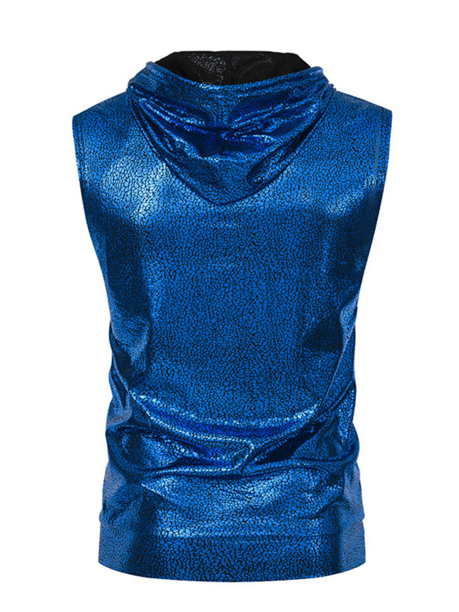 Blue iridescent sleeveless hooded tank top with cracked texture