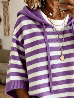 white pullover sweater featuring drawstring and striped