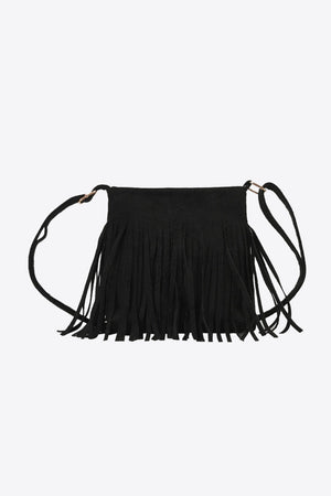 Black suede fringe crossbody bag with adjustable strap and gold hardware detail