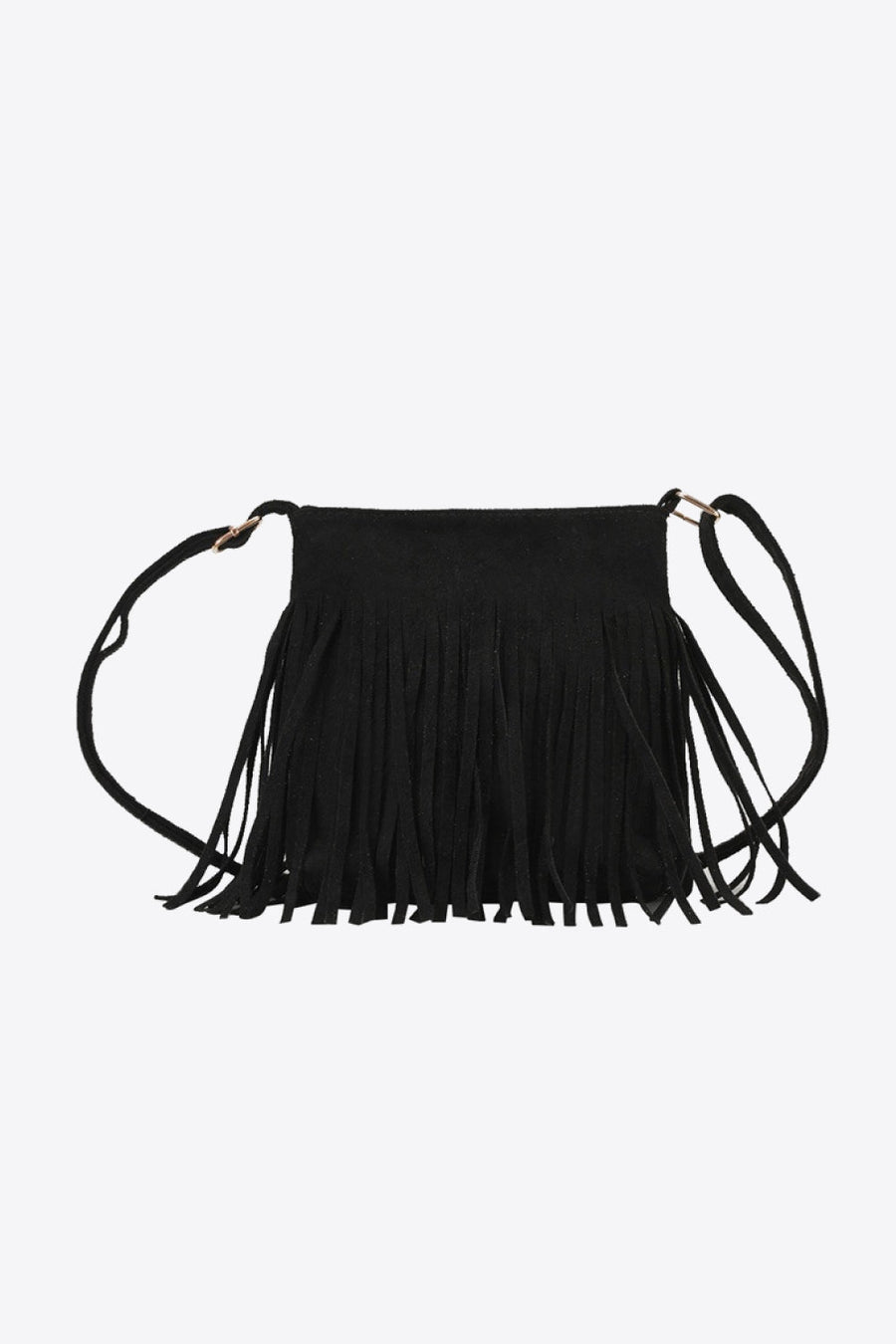 Black suede fringe crossbody bag with adjustable strap and gold hardware detail