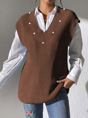 Brown ribbed knit sleeveless v-neck vest with pearl embellishments