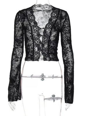 Black lace sheer sleeve t-shirt with button front and V-neckline.