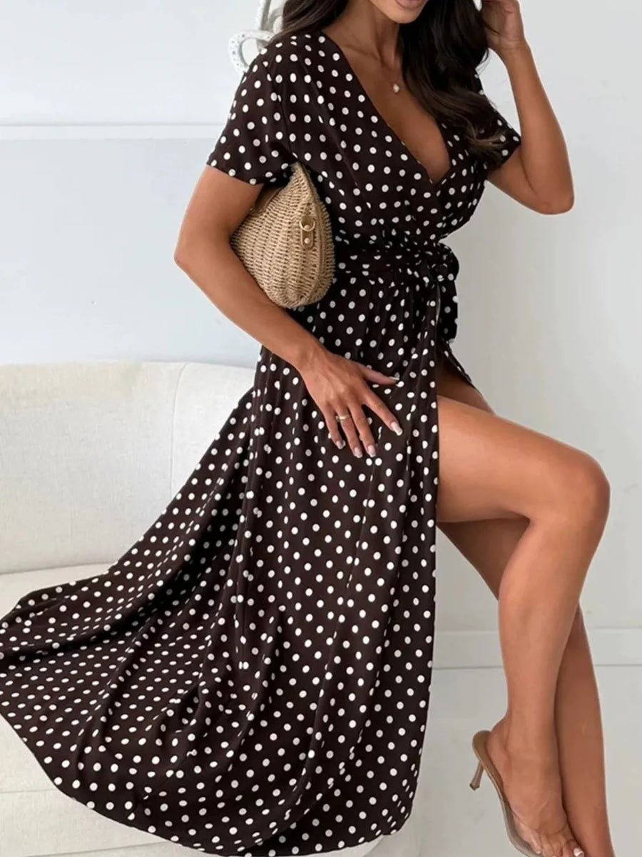 Polka Dot Surplice Maxi Dress With Slit in Dusty Pink, view 14