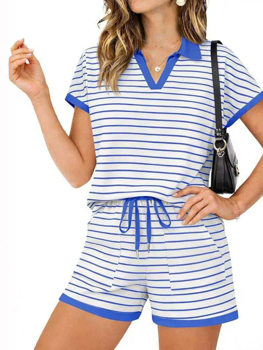 Blue striped polo shirt and drawstring shorts loungewear set with collar and pockets.