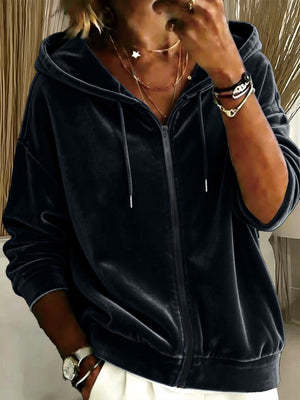 zip hoodie in charcoal featuring drawstring and relaxed fit