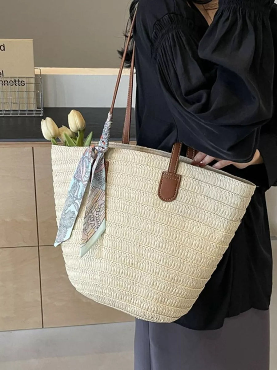 Beige White with Straw Woven Shoulder Bag