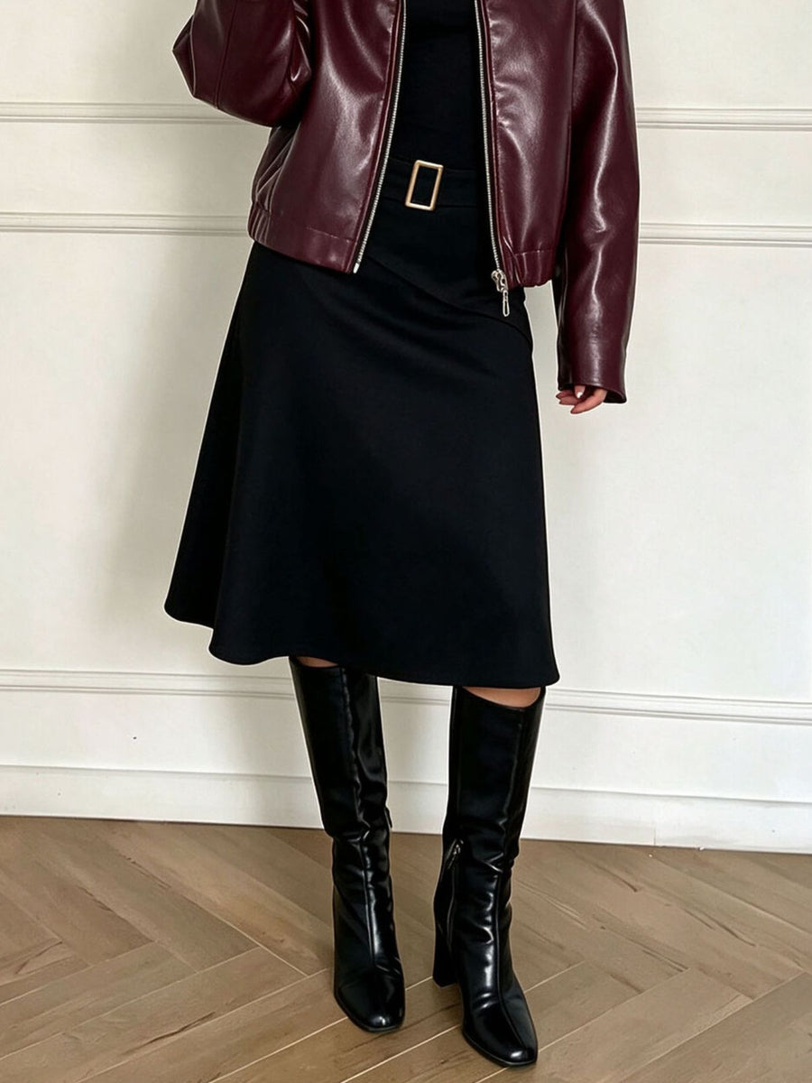 High-Waisted A-Line Midi Skirt With Belt in Black with belted