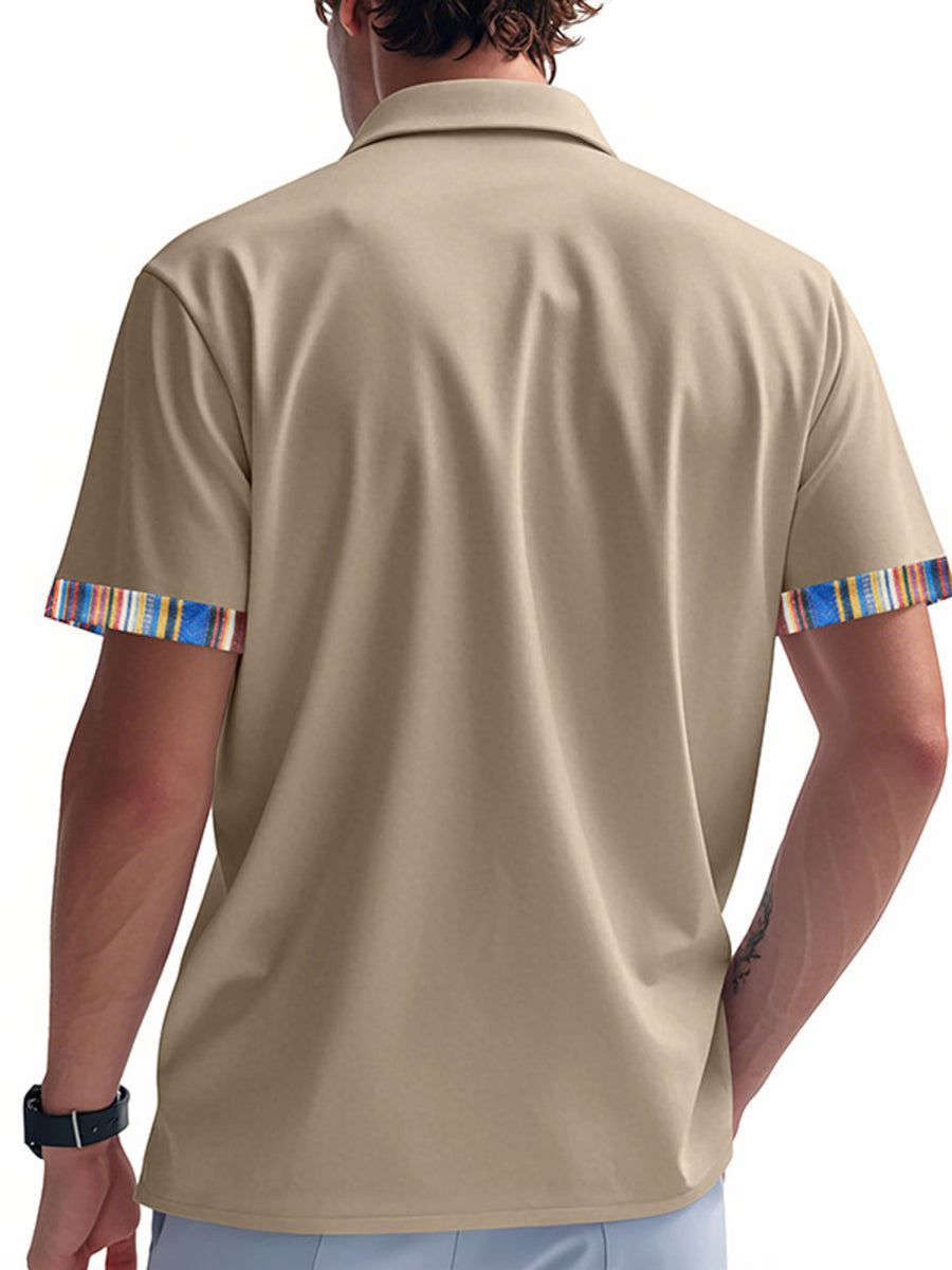 Khaki cotton short sleeve men's shirt with colorful striped trim on sleeves.