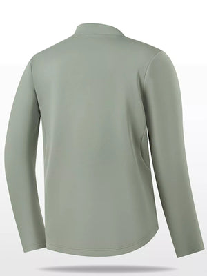 Plus-size sage green quarter-zip sweatshirt with long sleeves and a curved hem.