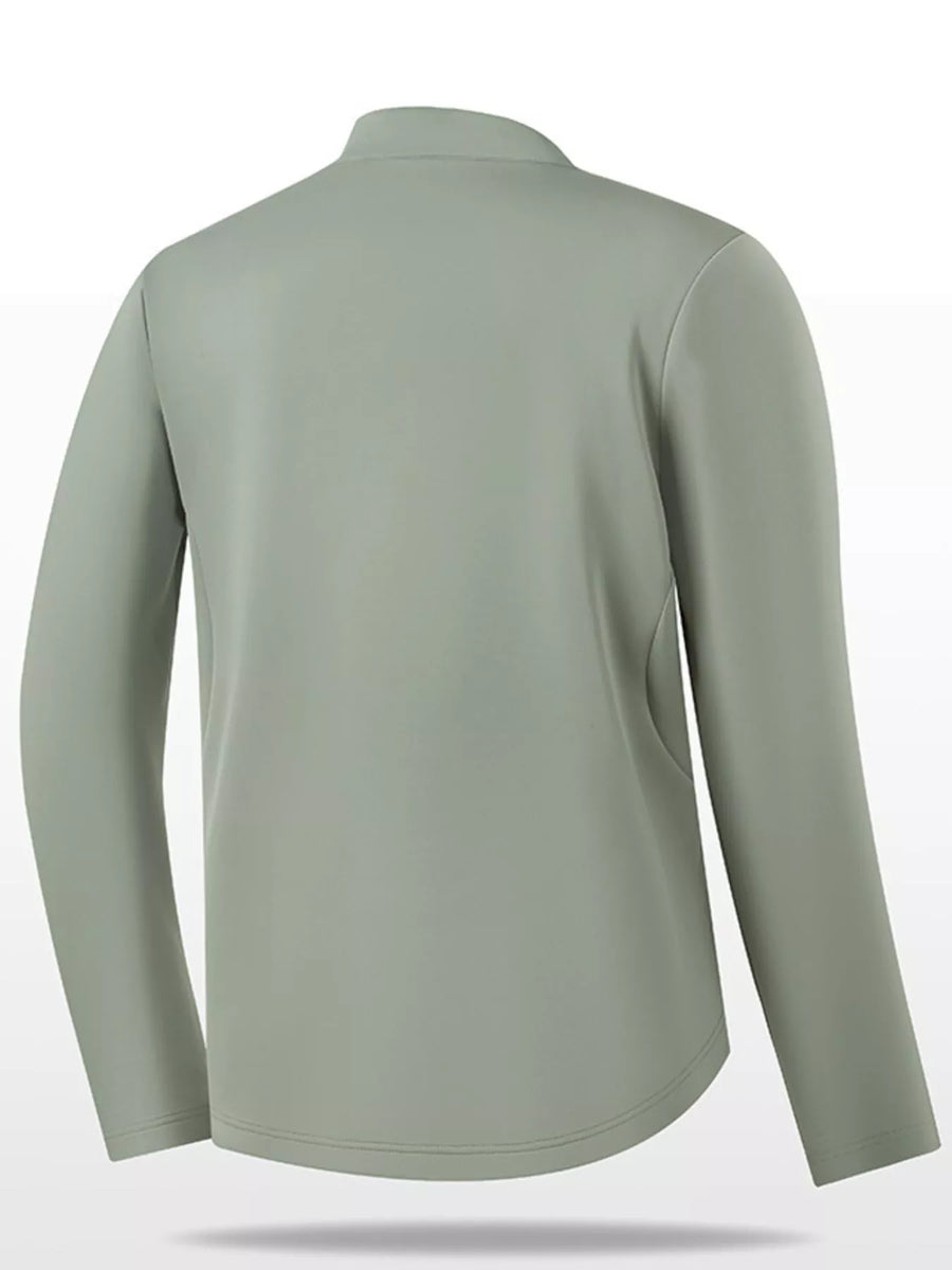 Plus-size sage green quarter-zip sweatshirt with long sleeves and a curved hem.
