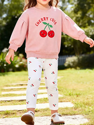 blush pink sweatshirt and leggings set with graphic print, ditsy print and crew neck