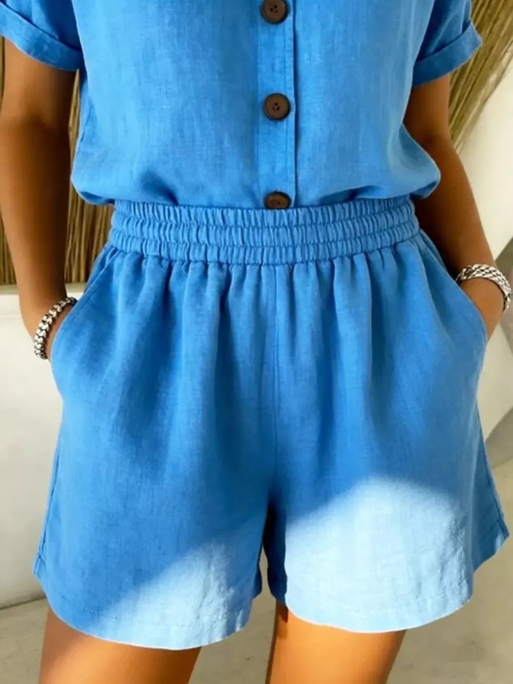 Full Size Button-up Shirt And Shorts Set Plus Size in Black