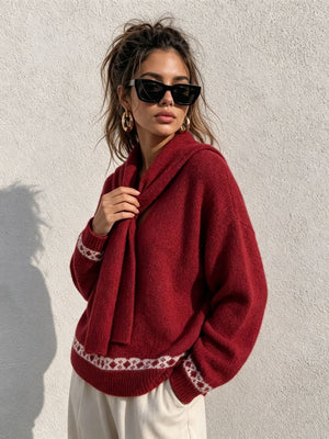 Scarf Detail Dropped Shoulder Sweater in dark brown