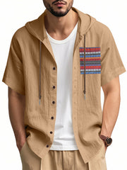 Men's camel short sleeve hooded shirt with patterned chest pocket and button front