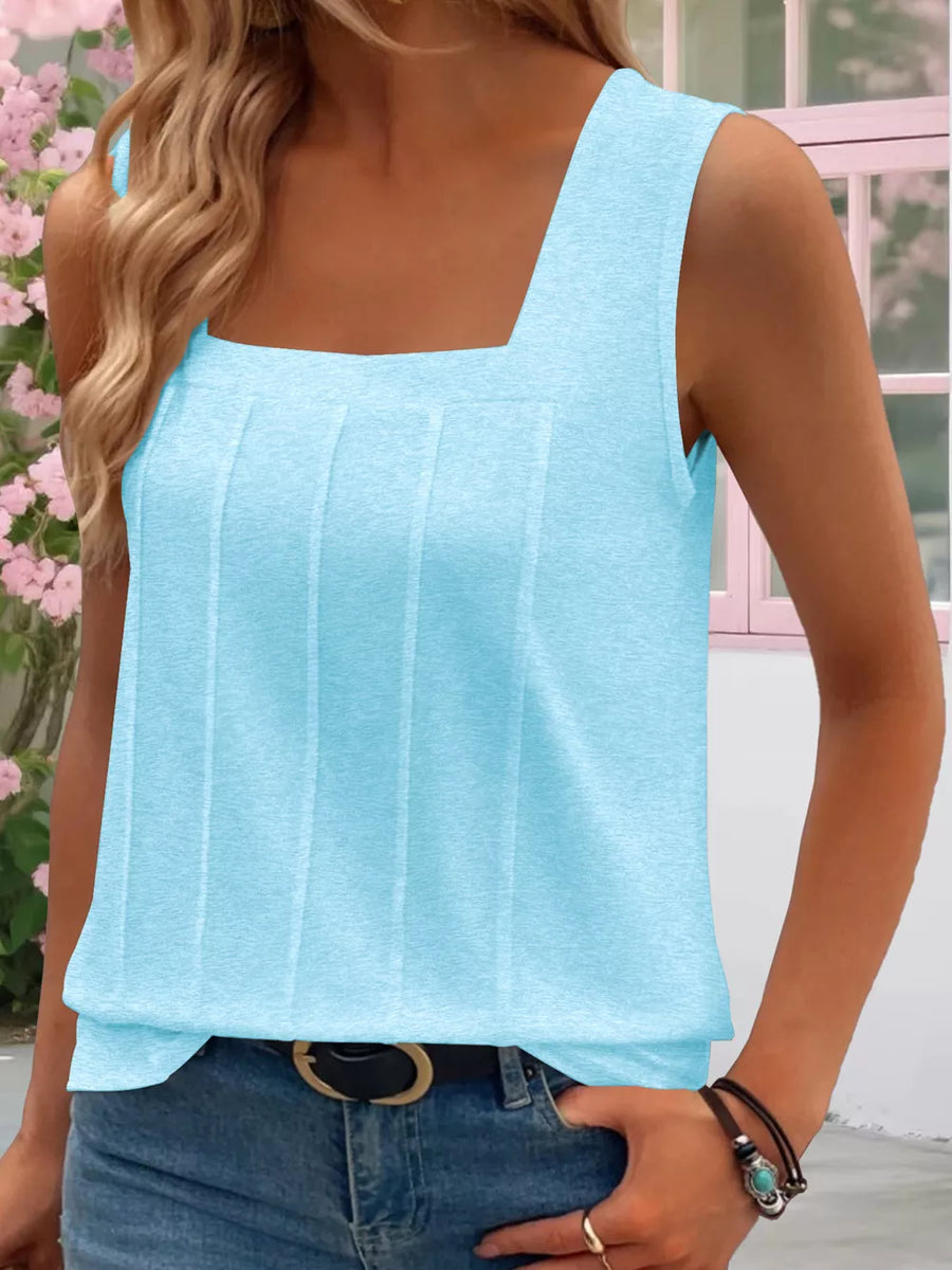 Sky blue tank top with square neckline and vertical pintuck details.