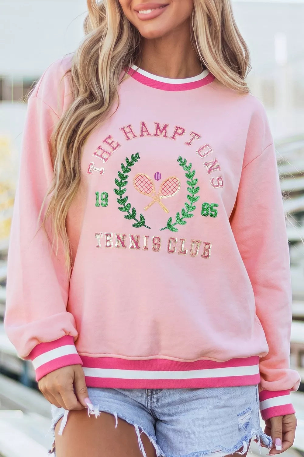 Embroidered Tennis Club Crew Neck Pullover Sweatshirt in Blush Pink
