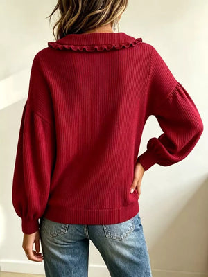 Full Size Ruffle Collar Button Sweater in Lavender with ribbed