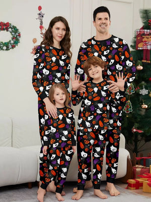 black pajama set with novelty print and crew neck