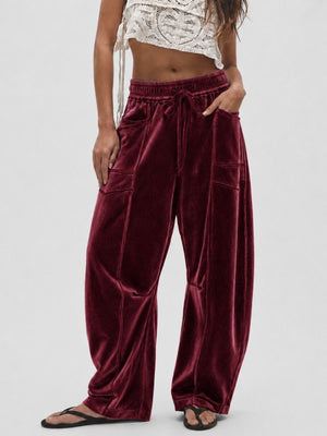 wide-leg pants in chocolate brown with drawstring waist and full-length