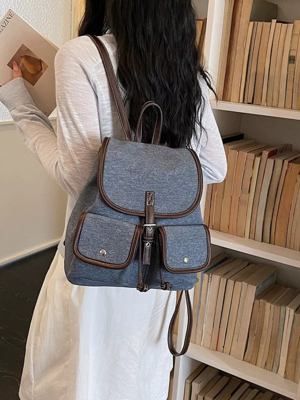 Denim Imported Size &amp backpack in Dark Blue with boxy silhouette