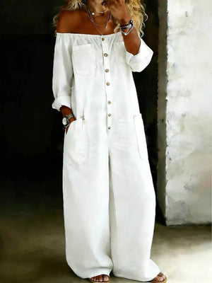 White off-shoulder jumpsuit with buttons and pockets, wide leg, casual style