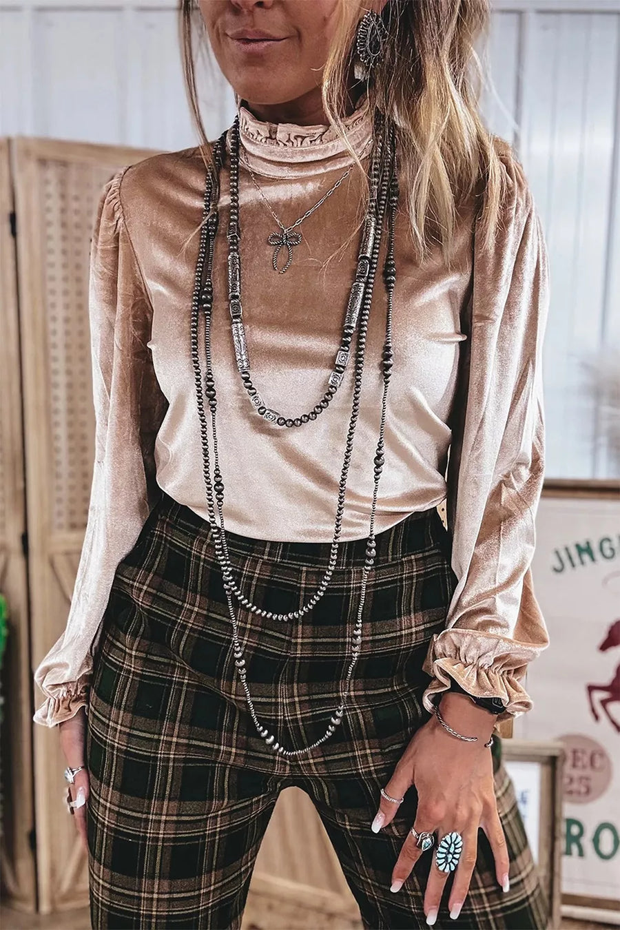 Western Style Long Sleeve Stand Neck Velvet Top option 3