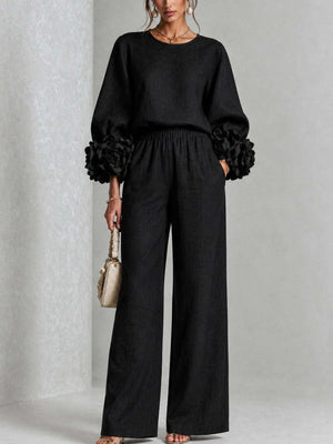 100% polyester Care instructions: Machine wash cold two-piece set in Black with relaxed (top), wide-leg (pants) silhouette
