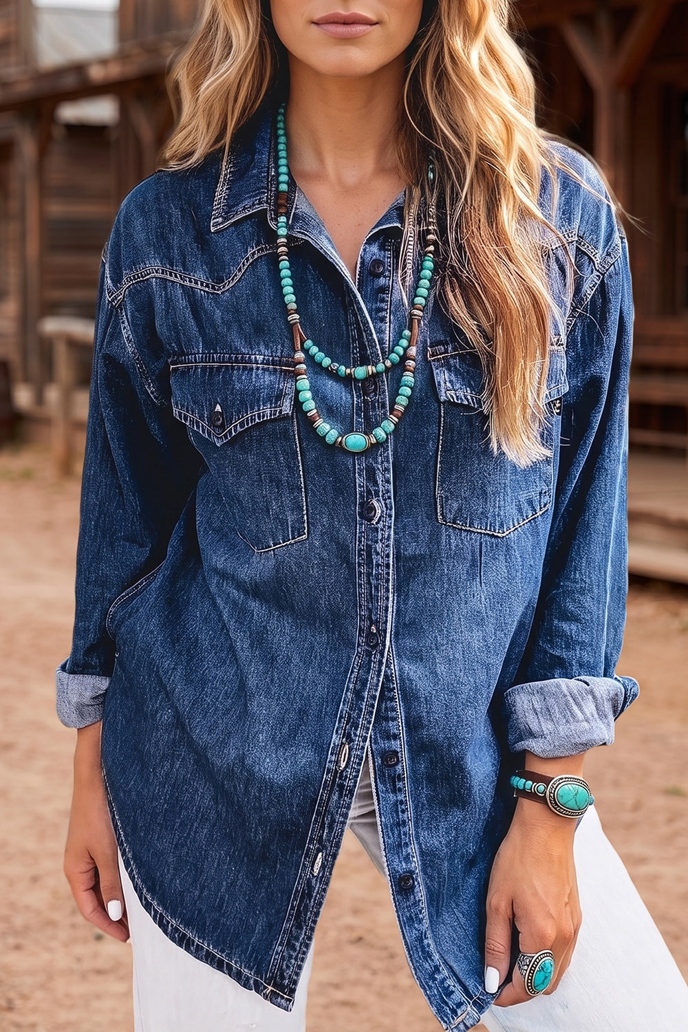 western shirt in denim blue featuring patch pockets and relaxed fit