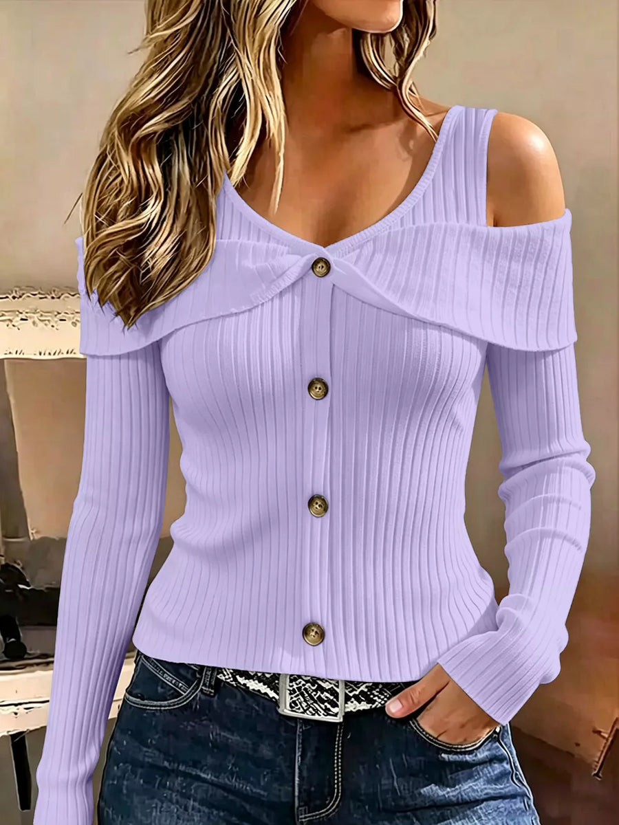 Purple cold shoulder top with buttoned and long sleeve