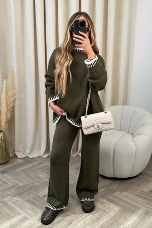 Army green relaxed knit sweater set with contrast trim on neckline, cuffs, and hem.