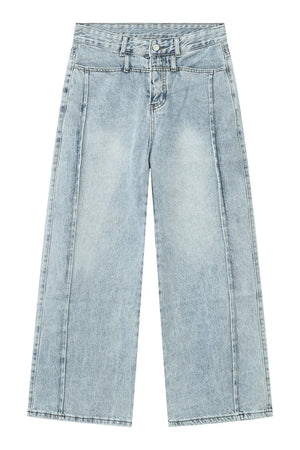 Light wash denim wide-leg jeans with vertical seams and a casual cut.